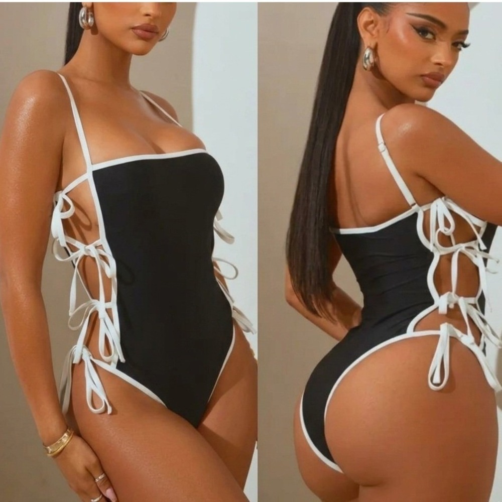 NWT Fashion Nova Evie Cut Out Solid One Piece Swimsuit Black Baddie Size XS